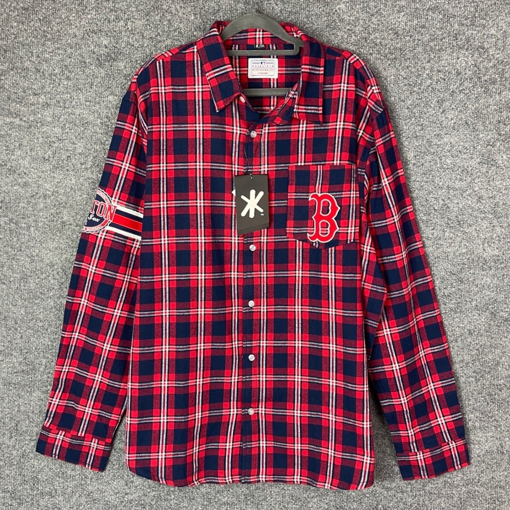 NEW KLEW Boston Red Sox Shirt Mens 2XL Red  Plaid Flannel Button Up MLB Baseball